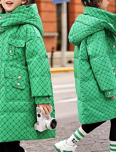  Infantil Para Meninas Jaqueta de penas Casaco puffer Xadrez Esportes Bolsos Mantenha Quente A prova de Vento Ao ar livre Casaco agasalhos 4-12 anos Inverno Roxo Verde Bege