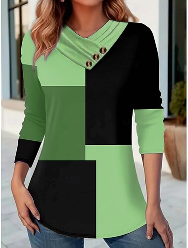  Women's T Shirt Buttons Print Graphic Geometric Color Block Vintage Stylish Casual Long Sleeve V Neck Regular Tops Daily Weekend Blue Purple Green Khaki Fall Winter