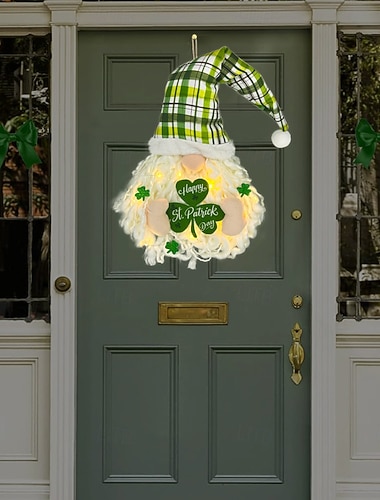  Guirlanda irlandesa para o Dia de São Patrício com luzes de LED, trevo, boneco sem rosto, enfeite de gnomo, 60x30cm, para uso interno/externo em varandas, paredes, salas de estar, salas de jantar,