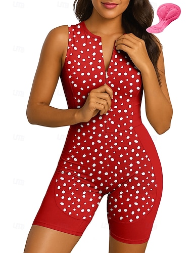  Per donna Tuta da triathlon Completo da ciclismo Senza Maniche Estate Rosso A Pois Bicicletta Cuscinetto 3D Asciugatura Rapida Resistente ai Raggi UV Cerniera Frontale Strisce Riflettenti Gli sport