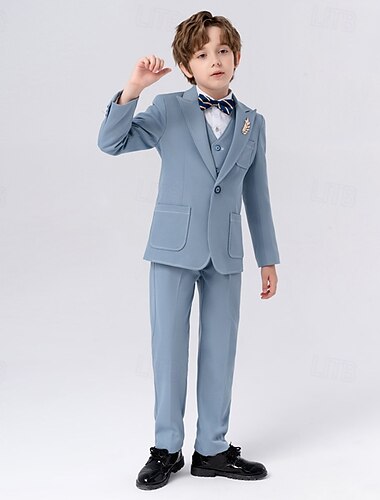  6-osainen sormuksenkantajapuku poikien lasten pukubleiseri &liivi &housut &paita &solmio pojan muodollinen puku rento ulko- juhla muoti viileä perus yksivärinen taskunapit sininen tummansininen