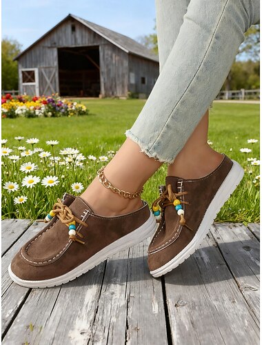  Dames muiltjes in camelkleur met kralenveters, comfortabele instapschoenen voor een casual stijl, tuinieren, reizen, weekendkleding en dagelijks comfort.
