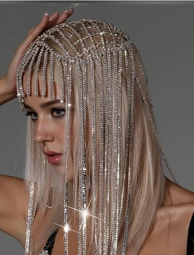  Chapeau de tête en cristal drapé étincelant de Samba Accessories - Chaîne de tête à franges en strass accessoire de club pour fête de performance