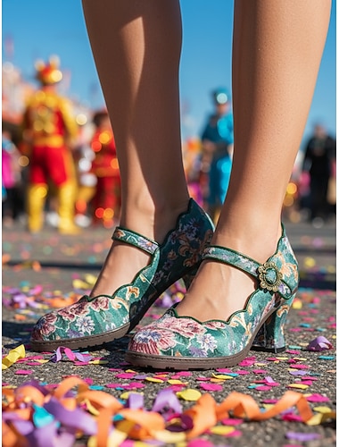  Vrouwen Mardi Gras Vintage Geborduurde Bloemen Mary Jane Hakken – Perfect voor Carnaval Feestelijke Parades en Vieringen