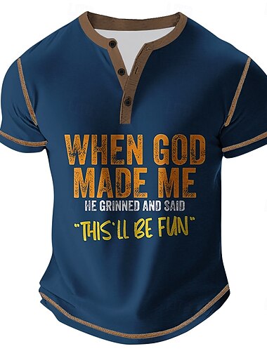  Herren Text Kurzarm Lässig Frühling Ganzjahres Blau Schwarz Grau Grün Henley Henley T-Shirt