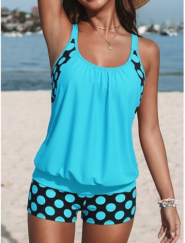  Női Tankini 2 Részes Fürdőruha Magas Derék Aktív Nyári Pöttyös Kerek Nyakú Ujjatlan Fürdőruhák