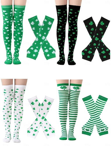  calzino da donna per il giorno di San Patrizio &set di scaldamuscoli, 4 calzini alti fino al ginocchio con stampa trifoglio e guanti senza dita, accessori festivi in verde irlandese per donna