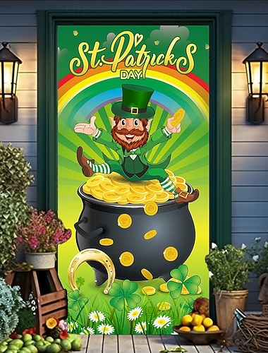  Cortina de porta com trevo verde para o Dia de São Patrício, duende &Decoração festiva para porta de entrada com desenho de moeda de ouro, painel de trevo irlandês para o Dia de São Patrício.