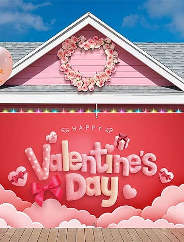  Garagentorabdeckung zum Valentinstag, „Happy Valentine's Day“ in Blasenbuchstaben, roter und rosa Hintergrund, perfekt für die Valentinstagsdekoration, ideal für Zuhause oder Schaufenster.