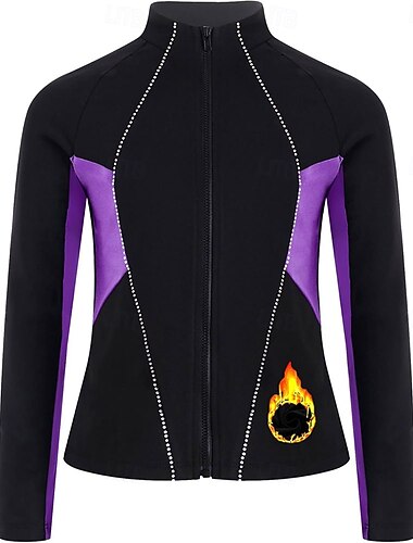  Fleecejakke for kunstløp dame jenter skøytejakke svart elastisk treningskonkurranse skøyteklær varmende krystaller/strass langermet skøyting kunstløp