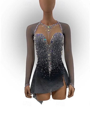  Kunstschaatsjurk Dames Voor meisjes Schaatsen Jurken Black + Sliver Duimopening Open achterkant Netstof Hoge Elasticiteit Opleiding Wedstrijd Kunstschaatskleding Klassiek Kristal / Bergkristal Lange
