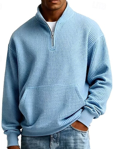  Herren Sweatshirt Waffel-Sweatshirt Pullover Kapuzensweatshirt Viertelreißverschluss Sweatshirt Aprikose Schwarz Weiß Hellgrün Marineblau Stehkragen Einfach Kängurutasche Strukturiert Lässig Täglich