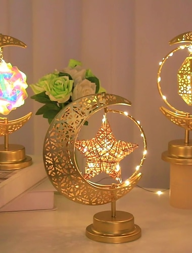  Dekorative Schreibtischlampe aus Schmiedeeisen für Ramadan und Eid, Stern- und Mondlaterne, Stimmungsleuchte fürs Schlafzimmer, inklusive AAA-Batteriefach, 26 x 17 cm