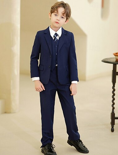  5-teiliger Ringträgeranzug für Jungen und Kinder (Sakko) &Weste & Hose  & Hemd  &Krawatte, Jungenanzug, lässig, für Outdoor-Partys, modisch, cool, Basic, einfarbig, Taschenknöpfe, schwarz, marineblau,