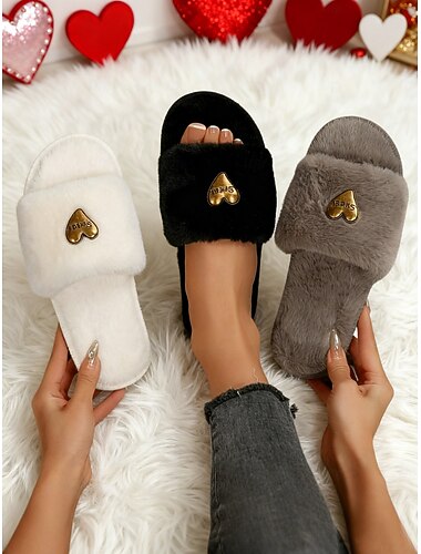  Kakifarvede, bløde hjemmesko i kunstpels med guldfarvet hjertevedhæng – bløde, plysagtige, åbne tå-slides til soveværelset, spa-afslapning og valentinsdagsgaver