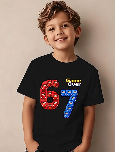  Baumwolle Kinder Jungen Schwarz Weiß Grafik Cartoon Lustiger Slang 67 T-Shirt Bluse Rundhalsausschnitt Kurzarm Outdoor Alltagskleidung Mode Streetwear Designer Drucken Sommer