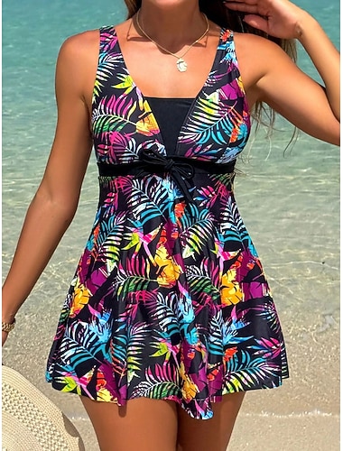  Tankini deux pièces maillot de bain pour femme avec jupe palmier robe sans dos vacation plage graphique tropical col en V sans manches
