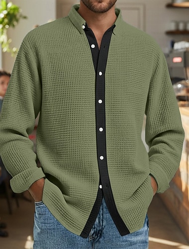  Herren Hemd Waffelhemd Freizeithemd Knopfhemd Blau Weiß Wein Grün Kaki Langarm Farbblock Revers Lässig Täglich Bekleidung Mode Modern Lässig Bequem