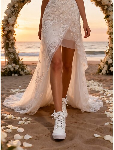  Witte kanten hoge bruidssneakers voor dames met verborgen wig, comfortabele bruidsschoenen voor bruiden, perfect voor strandceremonies &huwelijksreiskleding voor aan zee