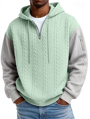  Voor heren Jacquard Trui met capuchon Hoodie met kwartrits Lichtgroen Grijs Capuchon Effen Lapwerk Kleurenblok Met Textuur Casual Dagelijks Sport & Outdoor Polyester Streetwear Stoer Sportkleding