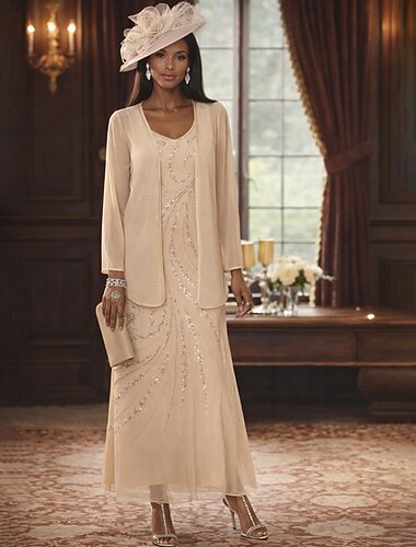  Kaksiosainen Tuubi Nilkkapituinen Helmillä koristeltu Häävieraspuku Muodollinen mekko Morsiammen äidin asu Pitkähihainen V kaula-aukko Tyylikäs Kimmaltava ja hohtava Häävieras Puolivirallinen Sifonki