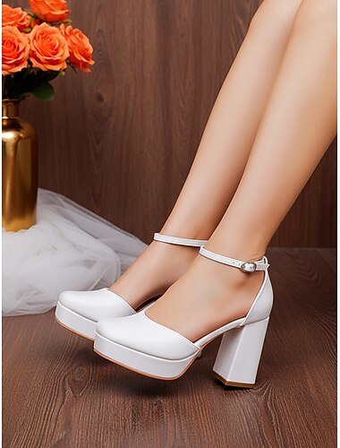  Witte platformschoenen met blokhak en enkelband voor dames - elegante bruidsschoenen met gesloten neus voor bruiden bij formele kerkceremonies