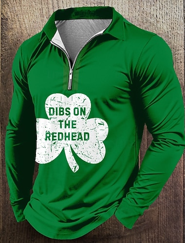  Camisas Polo Masculinas de Trevo com Zíper para o Dia de São Patrício Camisas Polo de Manga Longa Camisas com Lapela Casual ao Ar Livre Fantasia de Festival Impressão 3D Primavera Outono Verde