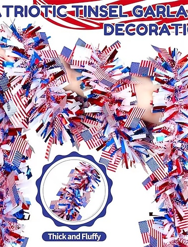  66 fot patriotisk glittergirlander med amerikanske flagg, tykk &Fluffy rød hvit blå metallisk girlander til uavhengighetsdagen 4. juli, dekorasjoner til minnedagen, dekorasjon til festartikler i USA