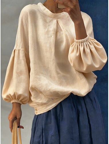  בגדי ריקוד נשים חולצות פשתן מכותנה צבע אחיד אחיד אלגנטית בוהמיה וינטאג' שרוול ארוך שרוול נפוח חולצות רגילות יומי עבודה חגים בורדו לבן ורוד מסמיק כחול סקיי משמש קיץ אביב סתיו חורף