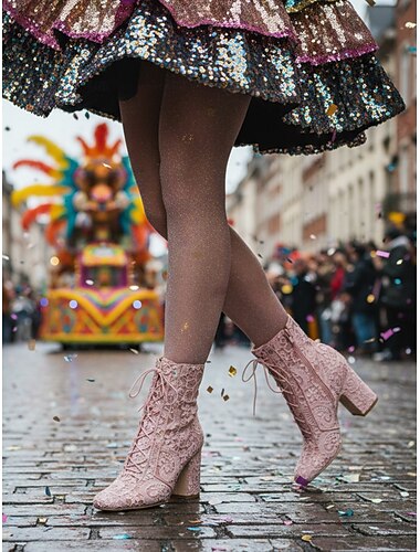  Damenschuhe Mardi Gras Pinke Schnür-Festival-Ankle Boots – Stylische Blockabsätze für Karnevale Paraden und Feiern
