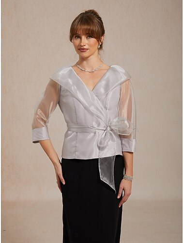  Dames Geklede topjes Met ruches Illusie Effen Kleur Elegant 3/4 mouw V-hals Normale tops Bruiloft gast Cocktail kledij Lichtgrijs Zomer Lente Herfst