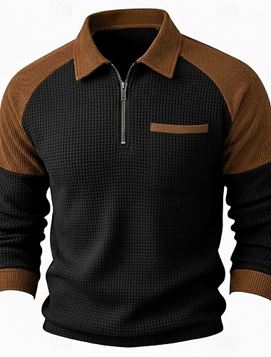  Herren Waffel T-Shirt T Shirt Waffel-Henley-Hemd Langarm Polokragen Zur Seite fahren Viertelreißverschluss Herbst Winter Einfarbig Farbblock Traditionell / Vintage Lässig Patchwork Farbblock Lässig