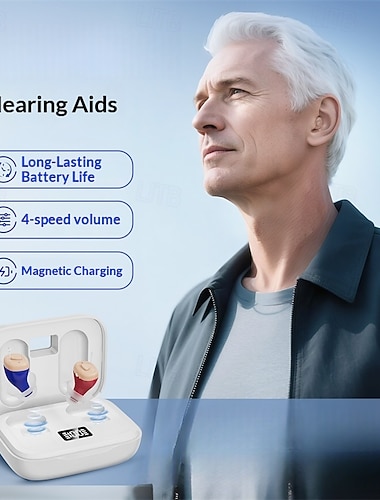 Dobíjecí sluchadla pro seniory s digitálním čipem, inteligentní technologie redukce hluku, poskytuje křišťálově čistý zvuk, ultra mini neviditelný design, pohodlně se přizpůsobí zvukovodu, prodloužená