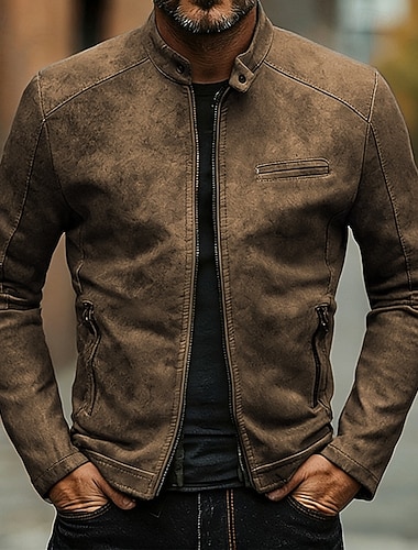  Herren Kunstlederjacke Jacke Freizeitjacke Motorradjacke Lässig Outdoor Windjacke Tasche Herbst Winter Einfarbig Punk Aktiv Stehkragen Regulär Schwarz Braun Grün Jacken