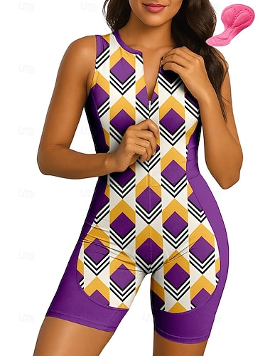  Per donna Tuta da triathlon Completo da ciclismo Senza Maniche Estate Giallo Viola Geometrico Bicicletta Cuscinetto 3D Asciugatura Rapida Resistente ai Raggi UV Cerniera Frontale Strisce Riflettenti