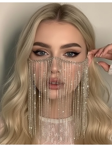  Masque en Chaîne de Visage Complet Argenté Glamour Samba Accessories - Voile à Franges Étincelantes Fête de Mardi Gras