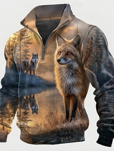  Herren Fuchs Wolf 3D-Druck Pullover Taktisch Vintage-Retro Jagd Stehkragen Outdoor Arbeit Geschenk Braun Reißverschluss Herbst Winter Designer S M L XL XXL XXXL