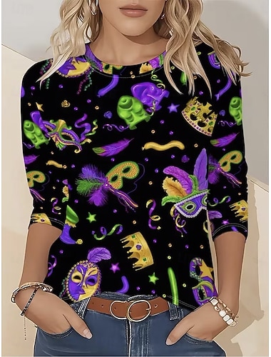  Carnaval Dames T Shirt Grafisch Vintage Mode Stylish Lange Mouw Crew Neck Ronde Hals Reguliere Tops Dagelijks Weekend Print Zwart Groen Zomer Lente Herfst