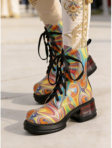  Vrouwen's Mardi Gras Regenboog Vetersluiting Korte Laarzen - Levendige Carnaval Feest Footwear Kleurrijke Festivalstijl Comfortabele Blokhak Laarzen voor Kostuums  Vieringen