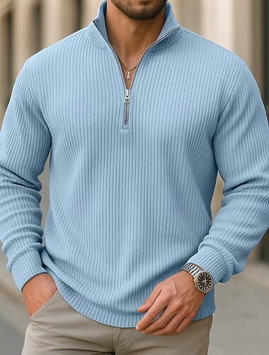  Herren Cordhemd Poloshirts Lässig Straße Viertelreißverschluss Langarm Mode Modern Einfarbig Reißverschluss Warm Herbst Frühling & Herbst Herbst Winter Normale Passform Schwarz Marineblau Grün Leicht