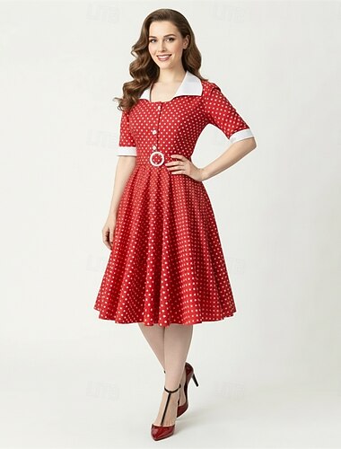  الغريب من نوعه ميدي فستان خط أكمام قصيرة منقط قياس مناسب ملابس تنكرية نسائي مهرجان عيد الحب فضفاض حفلة العودة للمدرسة حفلة ذات طابع ريترو للبالغين فستان الربيع