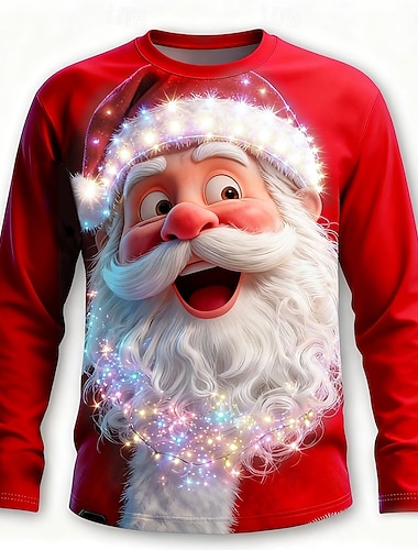  Jul Herre julenissen Morsom T skjorte Langermet T skjorte 3D-utskrift Crew-hals Skjorte Mote Grunnleggende 3D Avslappet Daglig Gate Blå Gul Rød Sommer Vår Klær S M L XL XXL XXXL