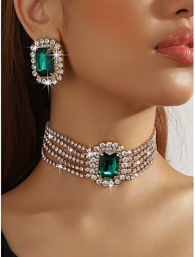  Smaragdgroene choker voor dames met strasssteentjes &Oorbellen set, goudkleurige kristallen statement sieraden, glamoureuze stijl voor een feestje &avondevenementen
