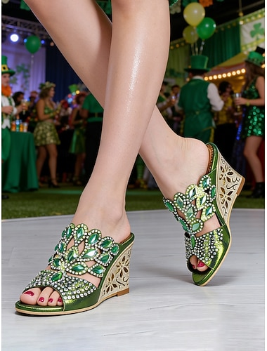  Grüne Strass-Keilsandalen für Damen, offene Slipper zum Hineinschlüpfen, perfekt für Partys am St. Patrick's Day