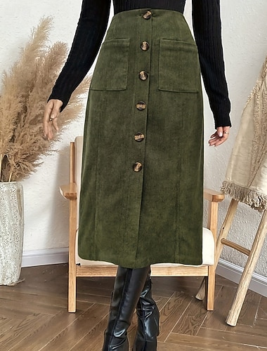  Damen Lässig Midi Hohe Taille Röcke Einfach Tasche Dehnbar Straße Date Armeegrün Frühling Polyester