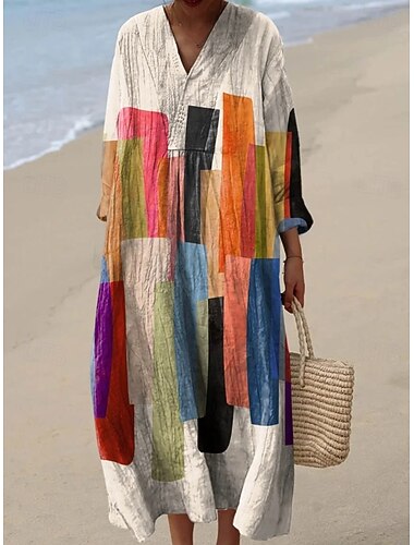  女性用 マキシドレス シフトドレス サンドレス 旅行度假风 カジュアル ビーチ お出かけ ルーズフィット グラフィック 幾何学模様 抽象的 長袖 Ｖネック ホワイト オレンジ グリーン ベージュ 夏 春