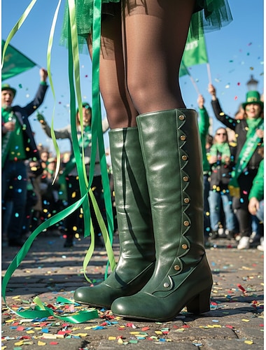  Grüne Damen-Kniestiefel mit Knopfdetail – stilvolle Vintage-Stiefel mit Absatz für St. Patrick's Day Paraden, Festlichkeiten und Feierlichkeiten