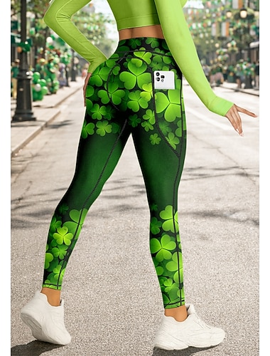  St. Patrick Dame pilatesleggings Treningsbukser Treningstights Lommer Dokumentavgift Sidelommer Pilates Treningsstudio Treningsøkt Bukser Strømpebukse Leggings Blomster Clover Grønn sport Sportsklær