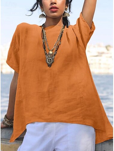  Dame Skjorter i bomuld Helfarve Vanlig Årgang Sød Stil Daglig Kortærmet Lange toppe Daglig Blå orange farve Grøn Rosenrød Beige Sommer Forår Efterår