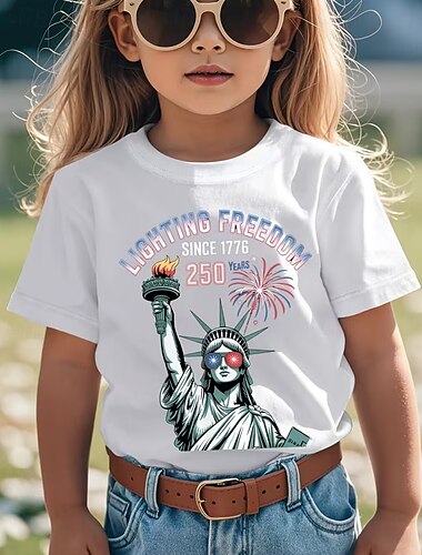 100% bavlna Děti Dívčí Černá Bílá Socha svobody 250. výročí Dětská americká vlajka USA Tričko Košilky Tričkový Krátký rukáv Dovolená Sporty a outdoor Na den Aktivní Módní Na běžné nošení Potisk Léto